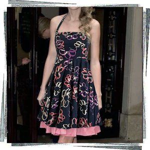 Vintage 2011 Black w Floral Lined Convertible Halter Dress (4) by Girls of Savoy